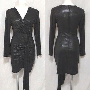 Black Metallic Ruched Draped Bodycon Holiday Club Party Cocktail Dress Medium